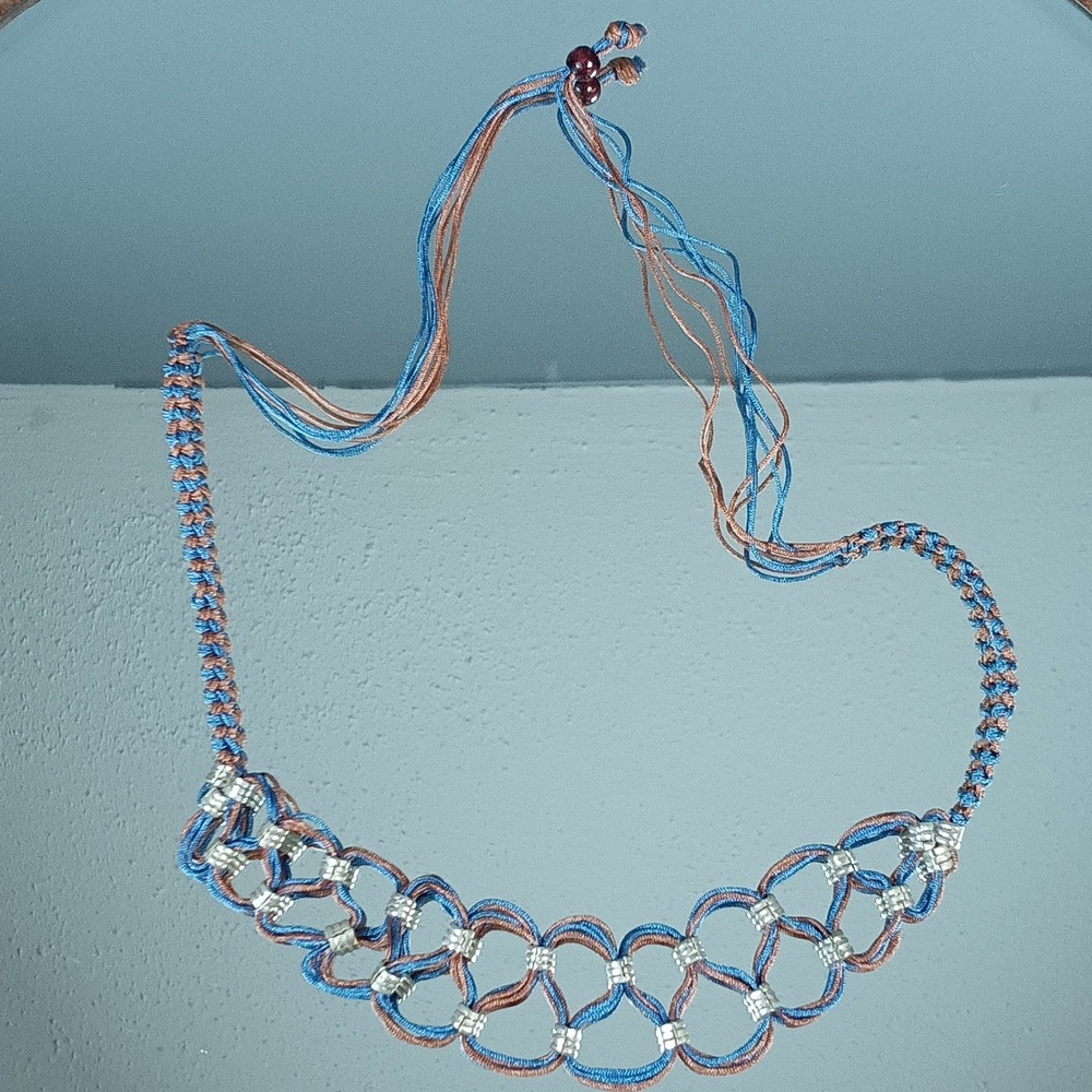 Boho Macrame Necklace Blue Copper Silver Tone Adjustable Cord
